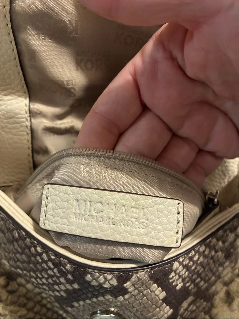 Michael Kors Cream & Brown Snake-Print Crossbody Saddle Bag